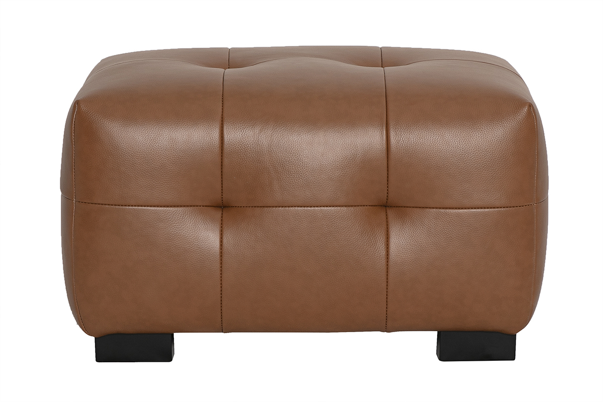 Pouf repose-pieds en cuir marron vue de face sur fond blanc.