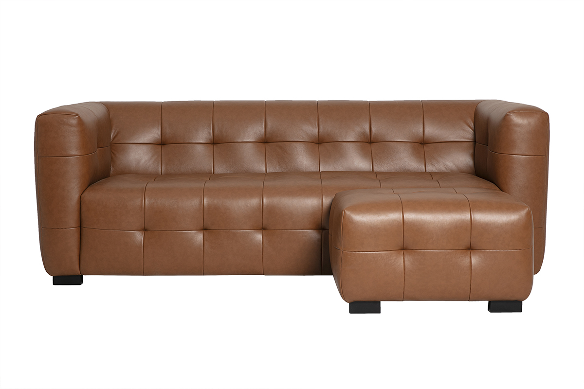 Canap� design 3 places et repose-pieds en cuir marron CORTO, vue de face.
