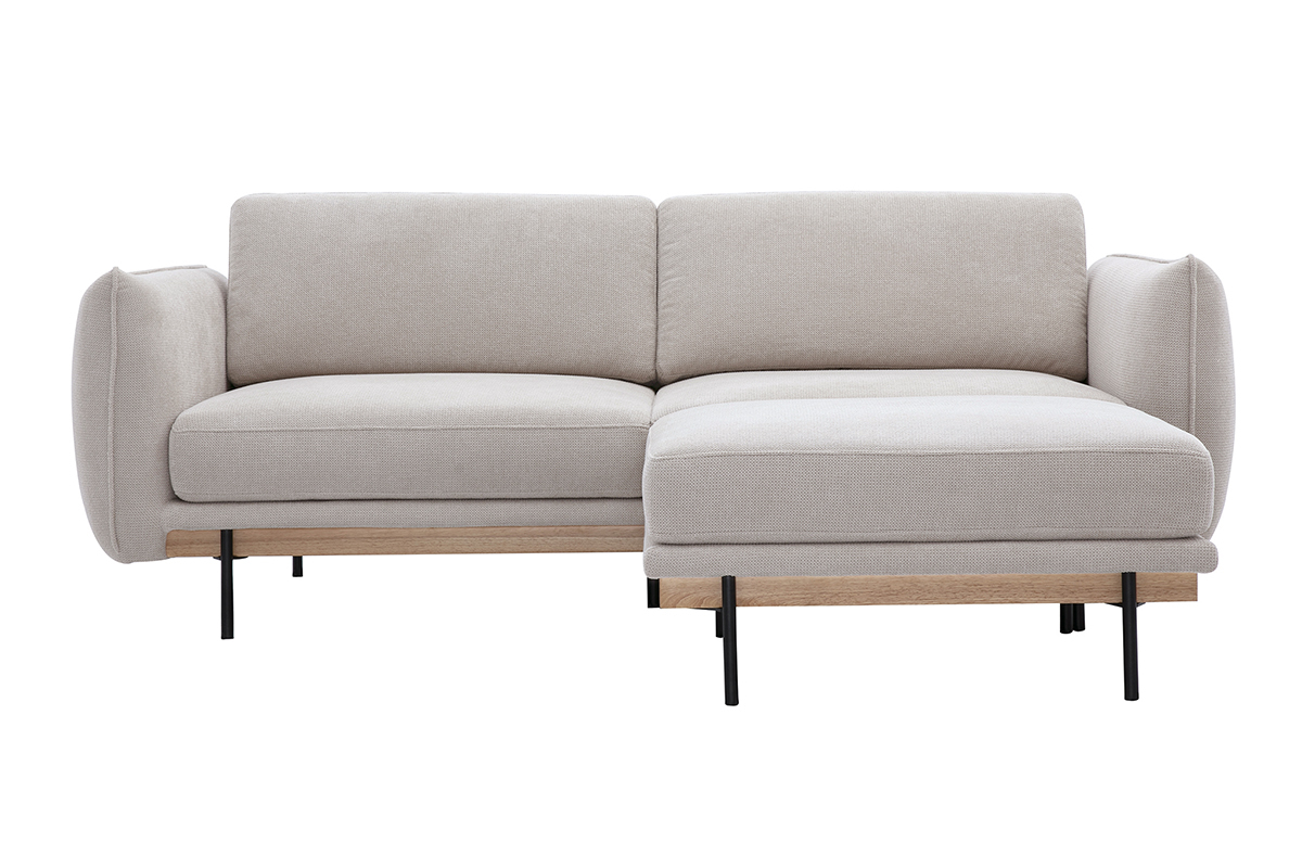 Canap� 3 places en tissu beige avec repose-pieds et pieds en m�tal noir, vue de face.