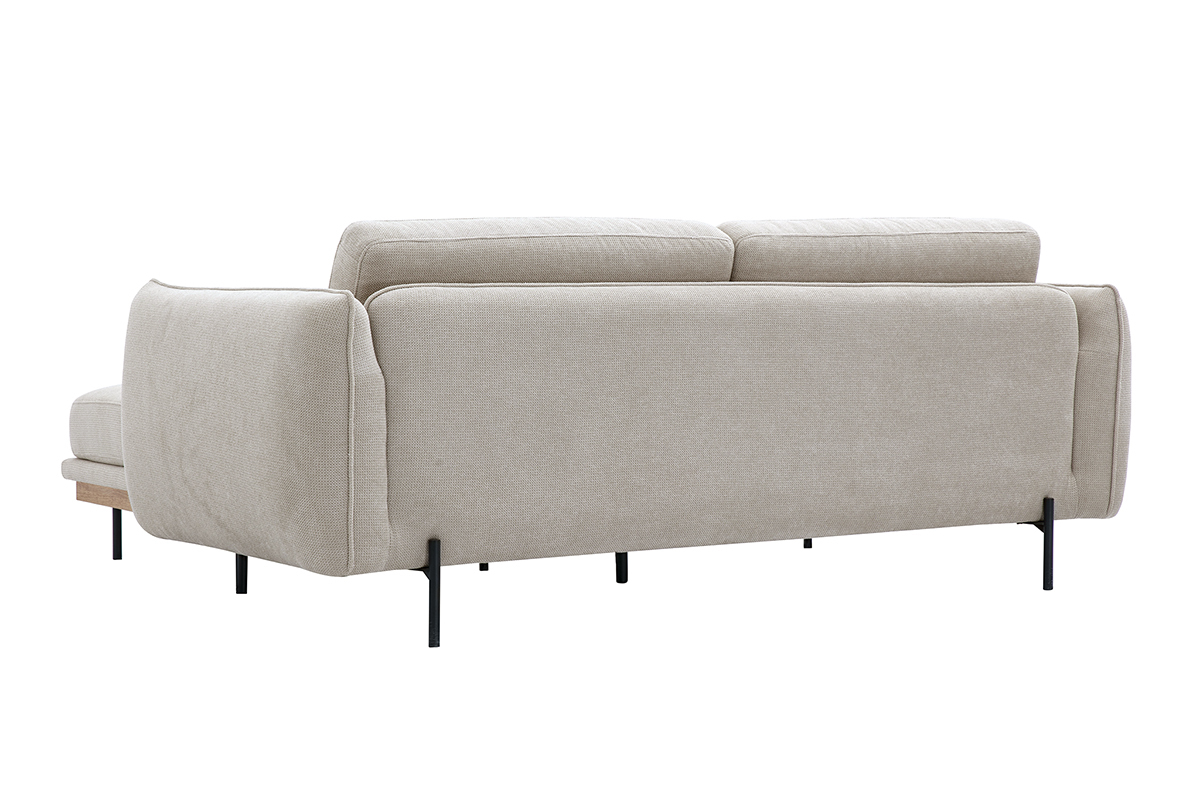 Canap� beige 3 places et repose-pieds, vue de dos, tissu chenille, pieds m�tal noir.