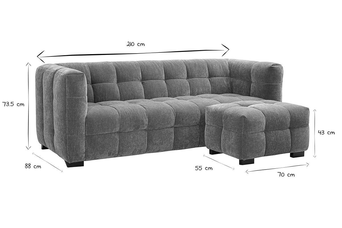 Canap� design 3 places et repose-pieds en tissu effet velours textur� bleu fonc� CORTO