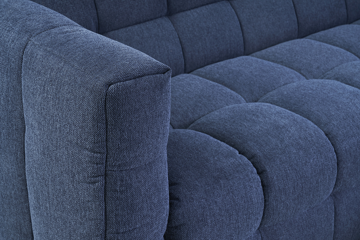 Canap� design 3 places et repose-pieds en tissu effet velours textur� bleu fonc� CORTO