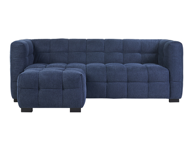 Canap&eacute; design 3 places et repose-pieds en tissu effet velours textur&eacute; bleu fonc&eacute; CORTO