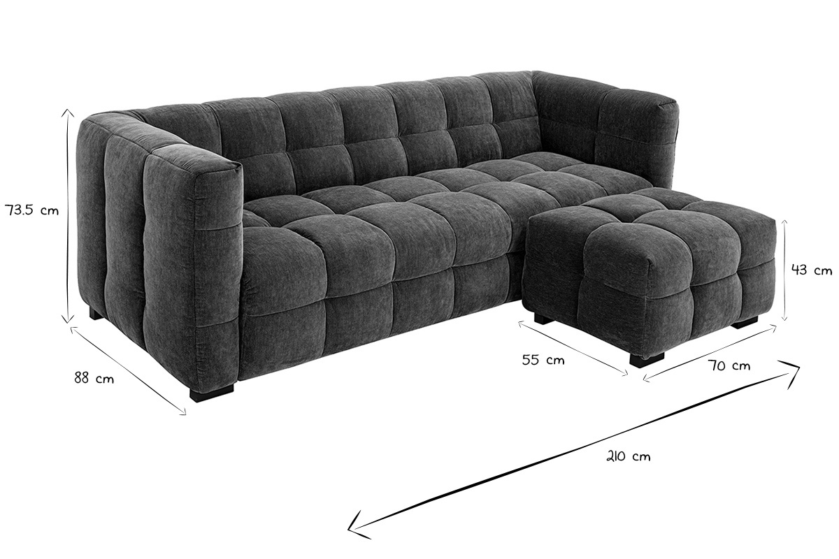 Canap� design 3 places et repose-pieds en tissu effet velours vert kaki CORTO