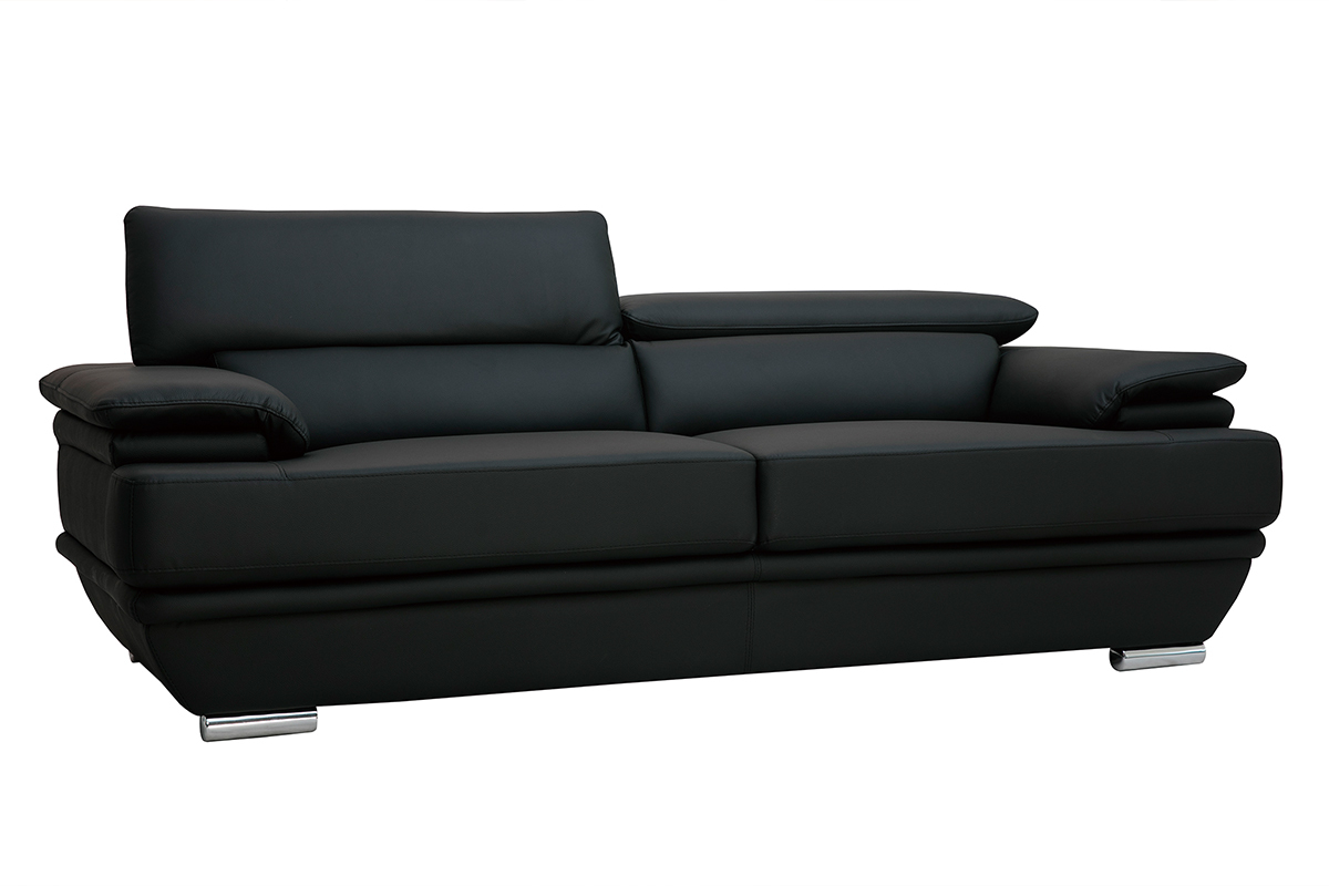 Canap� design avec t�ti�res ajustables 3 places cuir noir et acier chrom� EWING