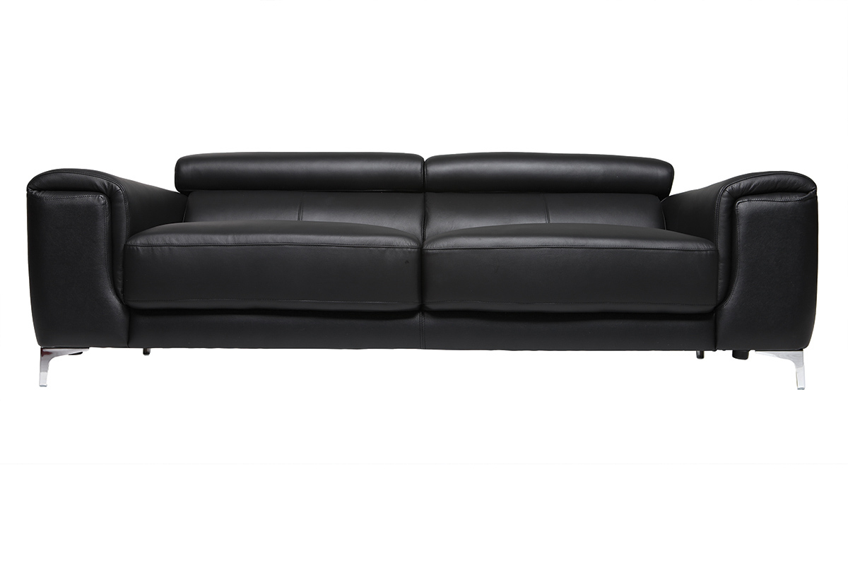 Canap� design avec t�ti�res ajustables 3 places en cuir noir et acier chrom� NEVADA