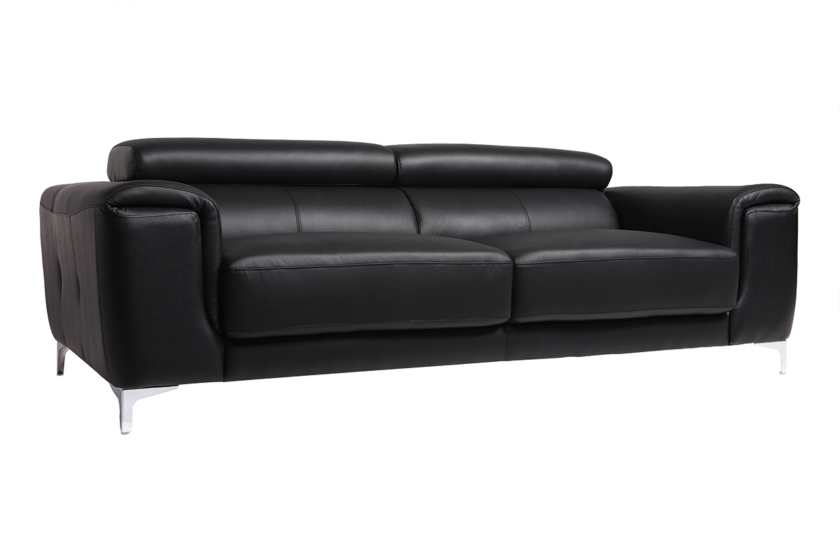 Canap� design avec t�ti�res ajustables 3 places en cuir noir et acier chrom� NEVADA