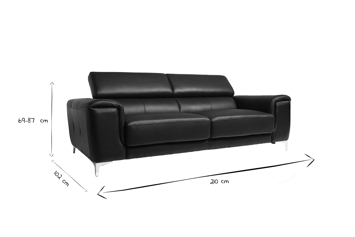 Canap� design avec t�ti�res ajustables 3 places en cuir noir et acier chrom� NEVADA