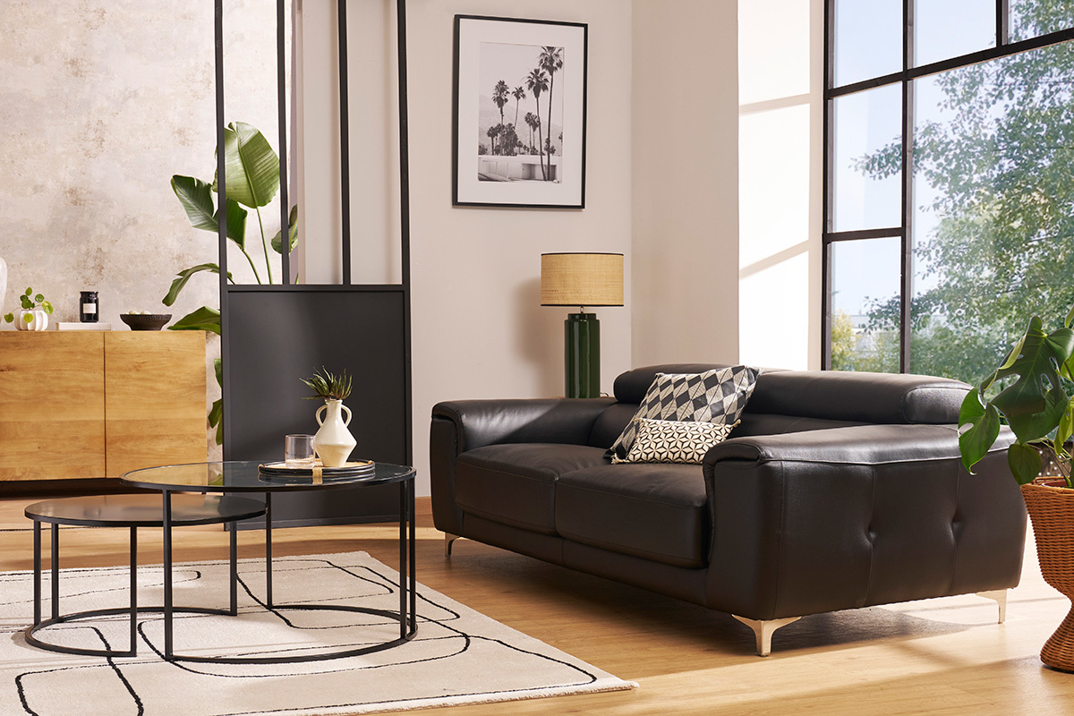 Canap� design avec t�ti�res ajustables 3 places en cuir noir et acier chrom� NEVADA