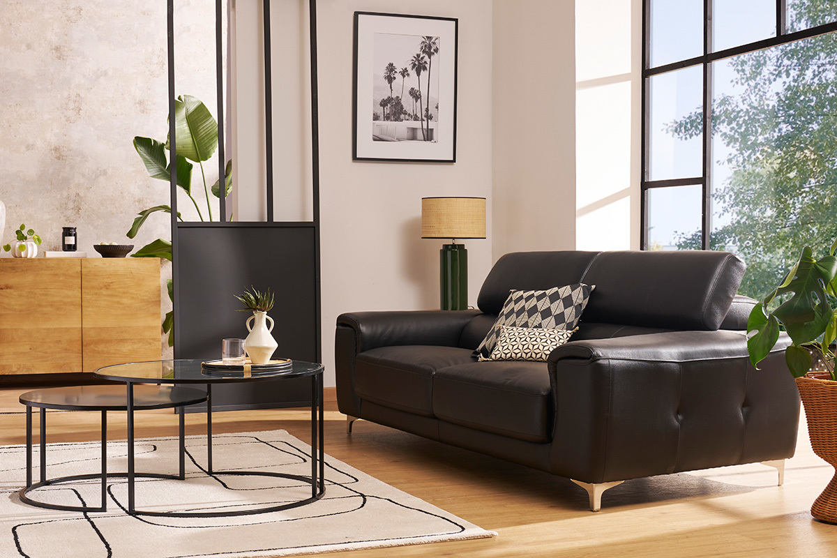 Canap� design avec t�ti�res ajustables 3 places en cuir noir et acier chrom� NEVADA