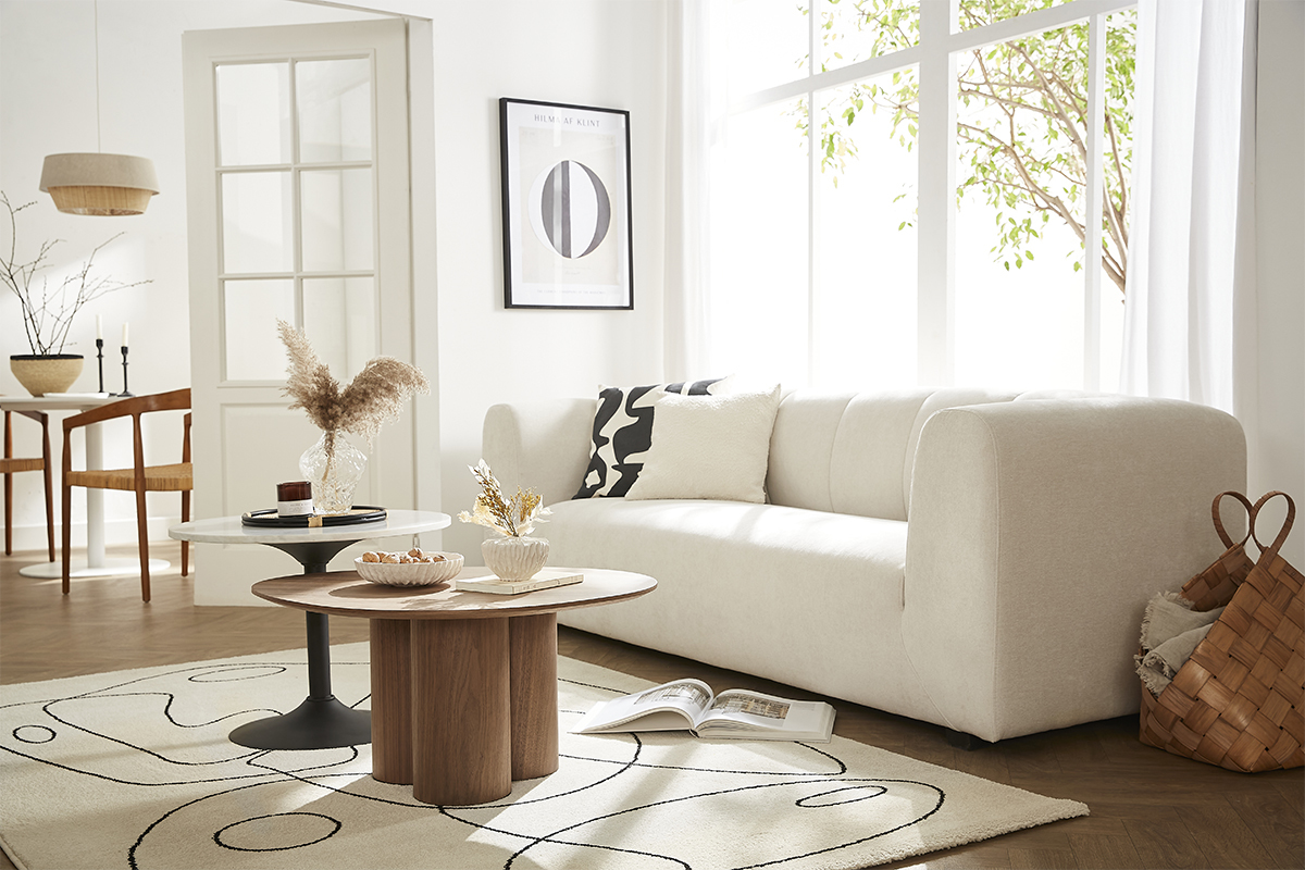 Canap� design en tissu effet velours beige 3-4 places OLIVEIRO