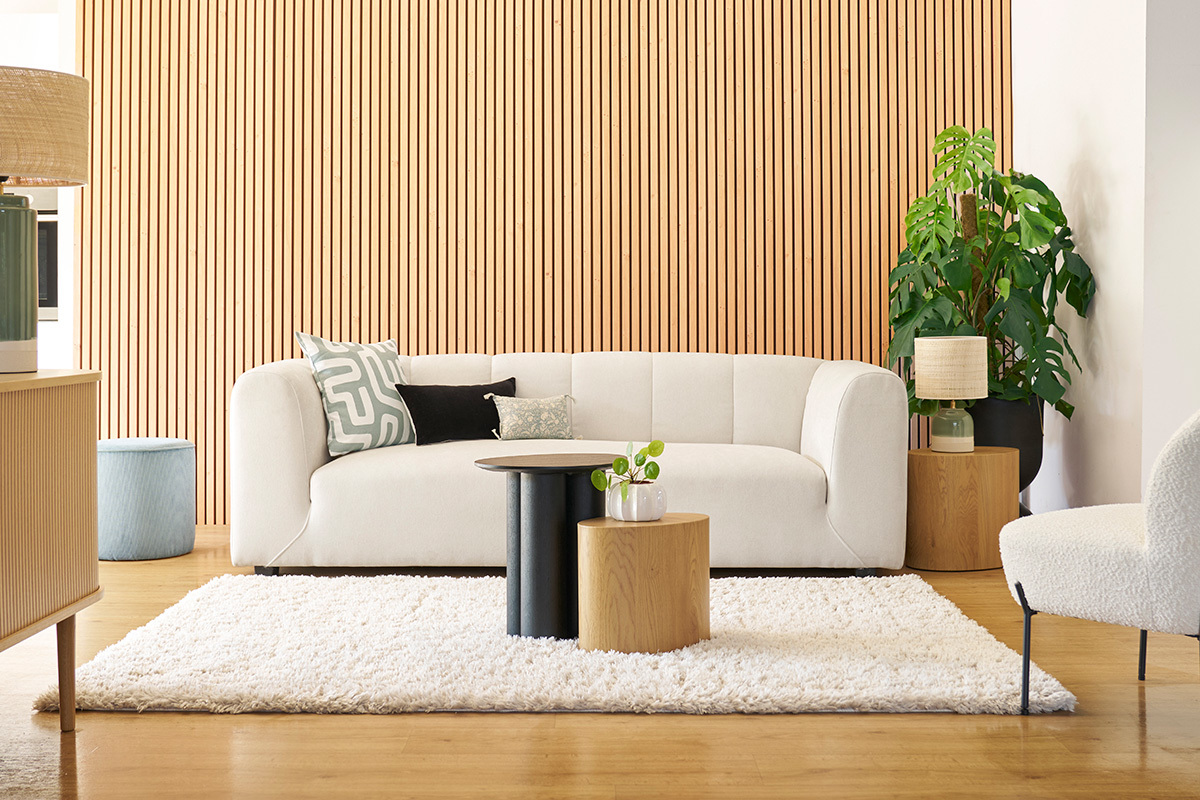 Canap� design en tissu effet velours beige 3-4 places OLIVEIRO
