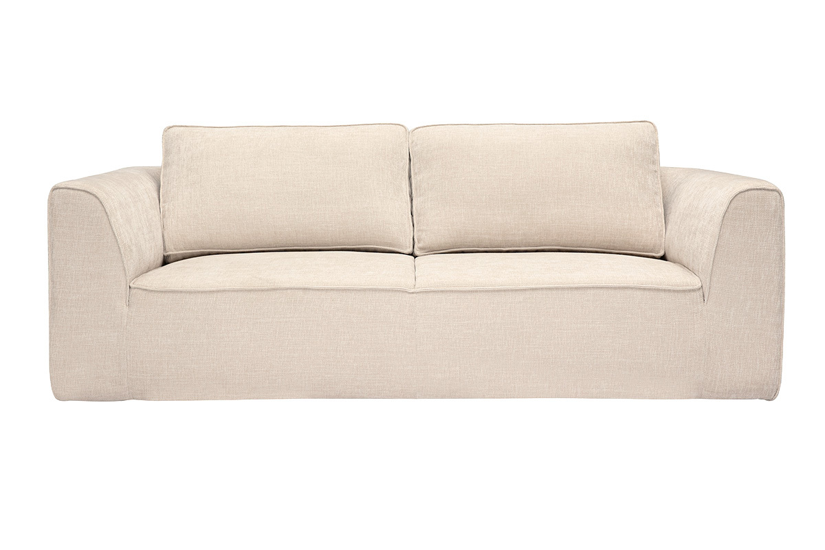 Canap� 3 places beige en tissu effet velours textur�, vue de face
