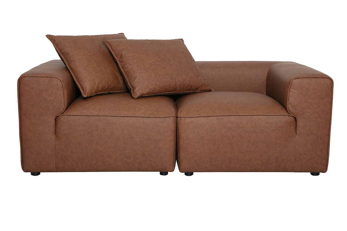 Canap� modulable 2 places en cuir marron FERGUS, vue de face avec coussins