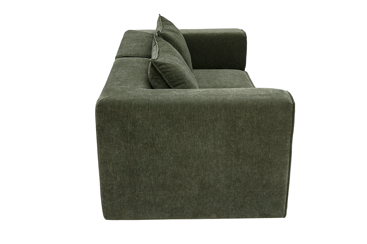 Canap� modulable 2 places en tissu effet velours vert kaki, vue de profil