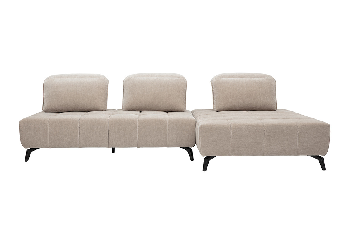 Canap� modulable 4 places, tissu effet velours taupe, vue de face, pieds noirs, t�ti�res ajustables.