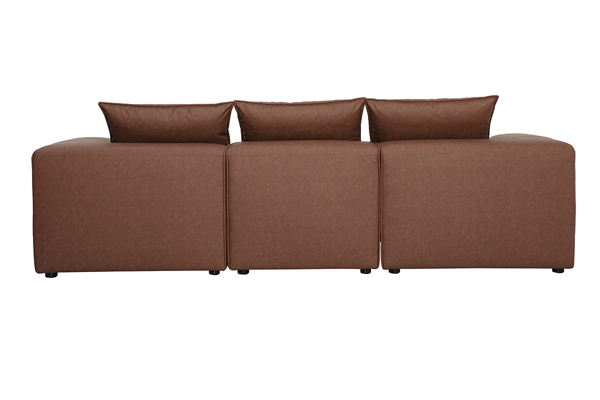 Canap� modulable 4 places en cuir marron FERGUS, vue de dos avec coussins