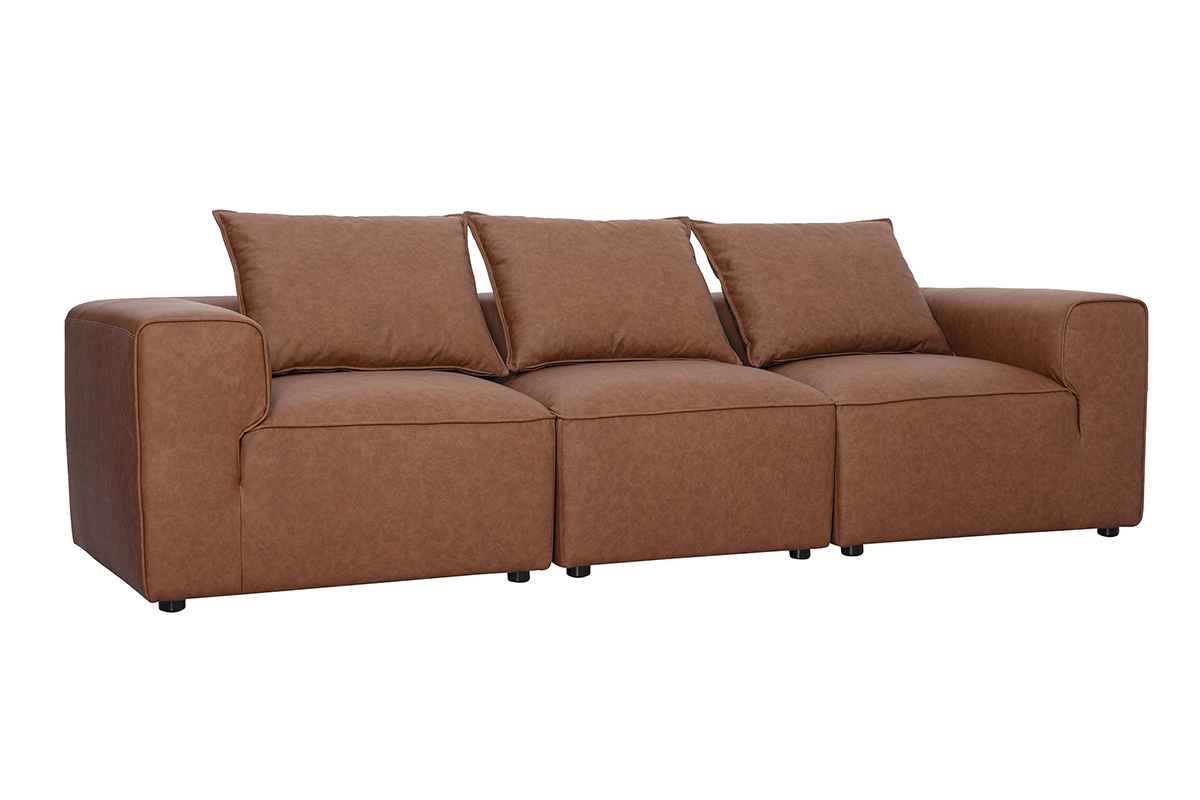 Canap� modulable 4 places en cuir marron FERGUS, vue de 3/4