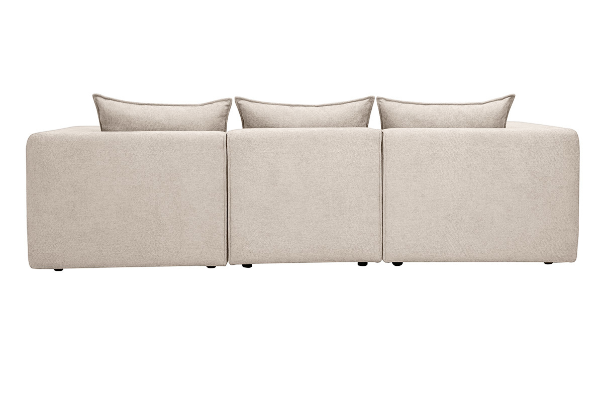 Canap� modulable 4 places beige effet velours, vue de dos avec accoudoirs et coussins