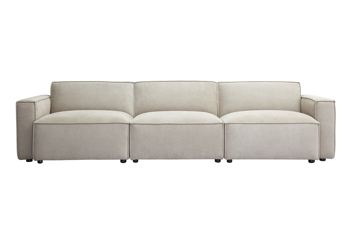 Canap� modulable 4 places en tissu effet velours beige, vue de face.