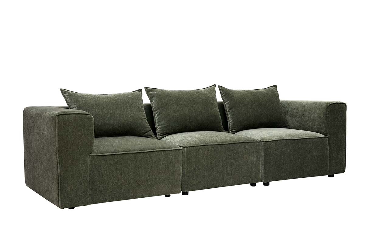 Canap� modulable 4 places en tissu effet velours vert kaki, vue de 3/4.