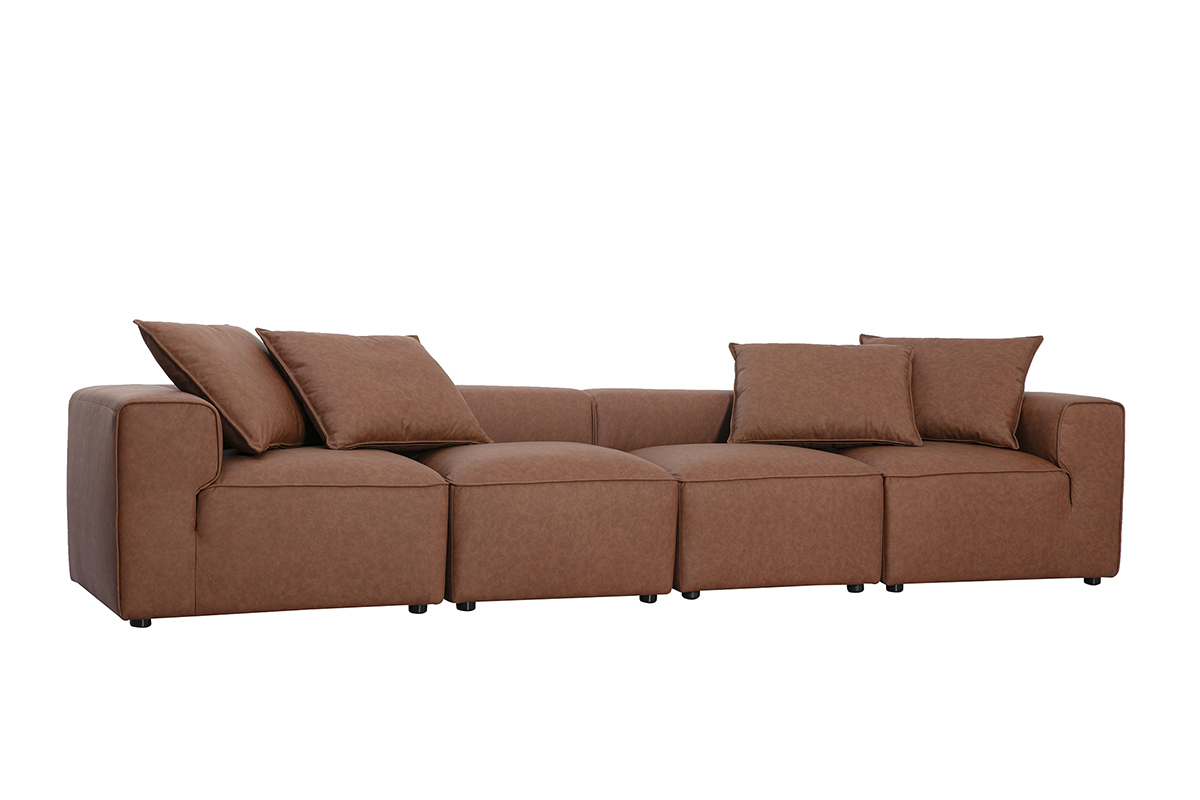 Canap� modulable 5 places en cuir marron FERGUS, vue de trois quarts avec coussins
