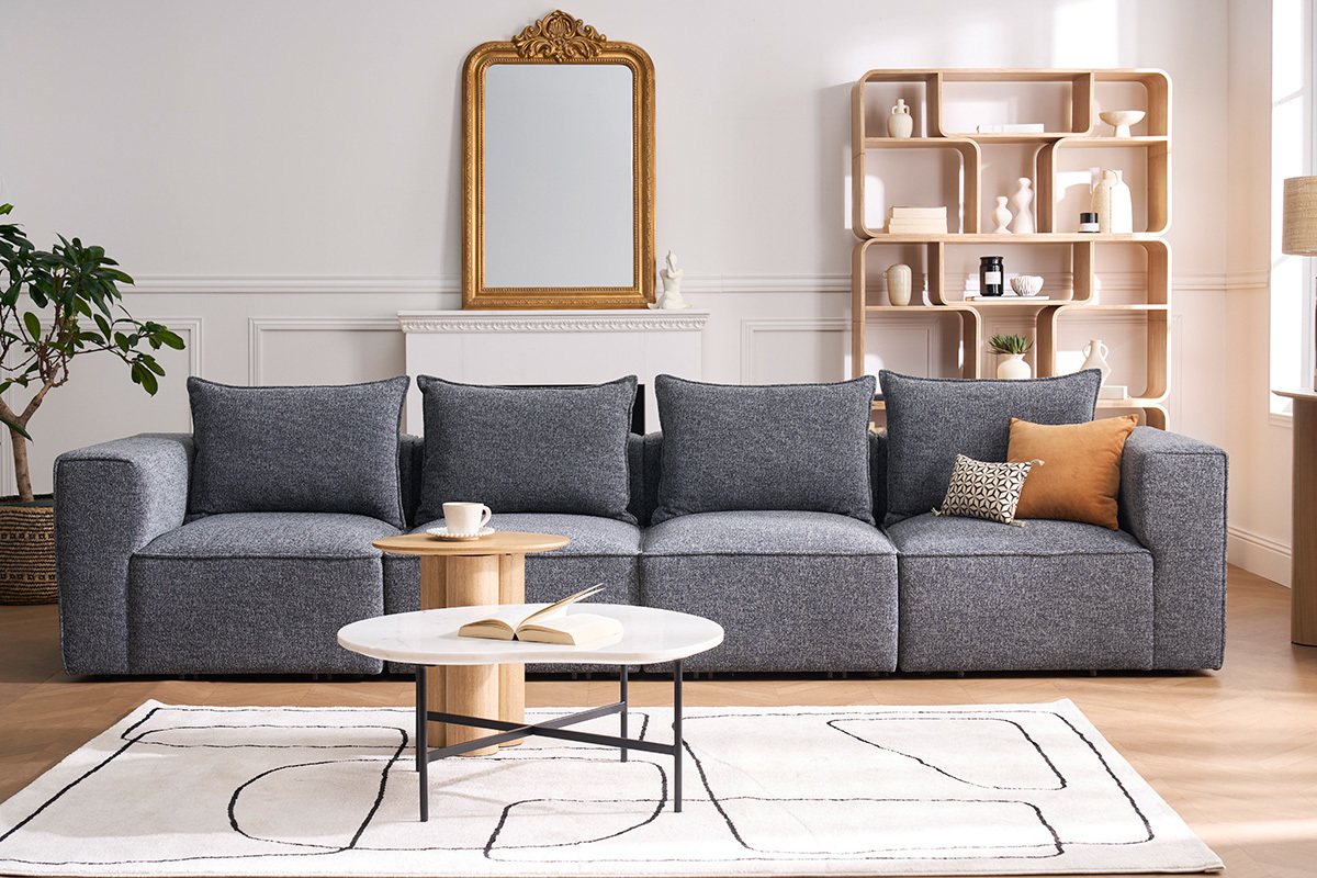 Canap� modulable 5 places en tissu chin� gris fonc� KERRY, configuration personnalisable.