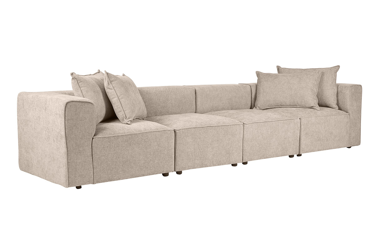 Canap� modulable 5 places en tissu effet velours textur� beige, vue de 3/4.