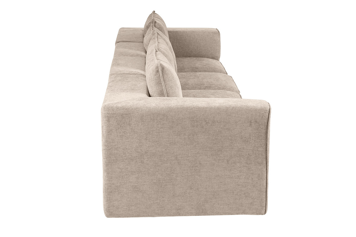 Canap� modulable 5 places en tissu effet velours textur� beige, vue de profil