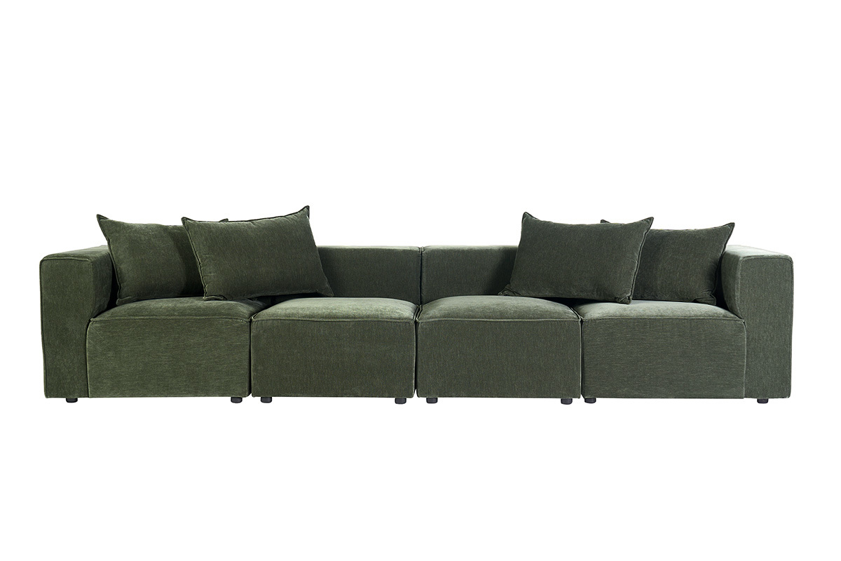 Canap� modulable 5 places en tissu effet velours vert kaki, vue de face