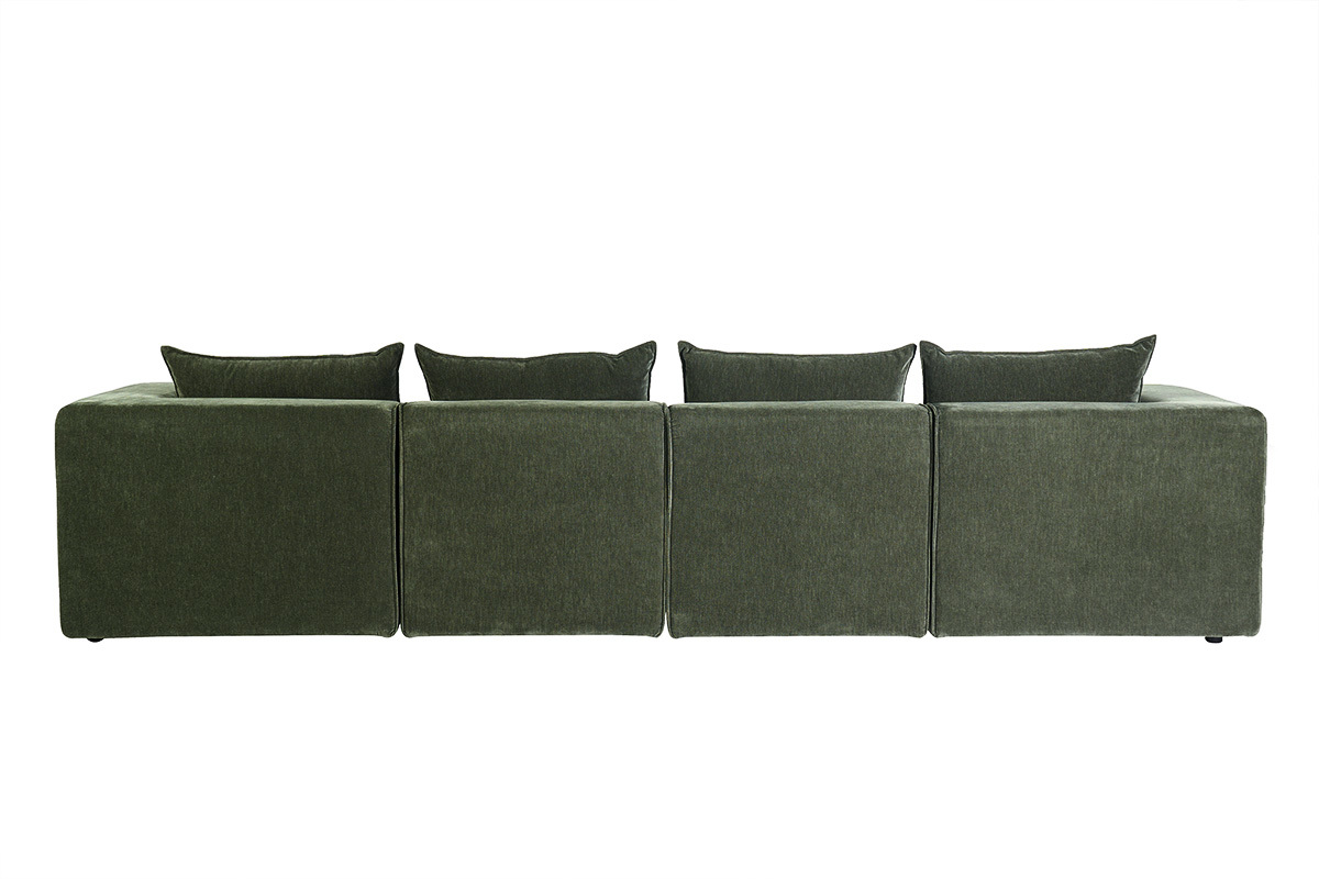 Canap� modulable 5 places en tissu effet velours vert kaki, vue de dos.
