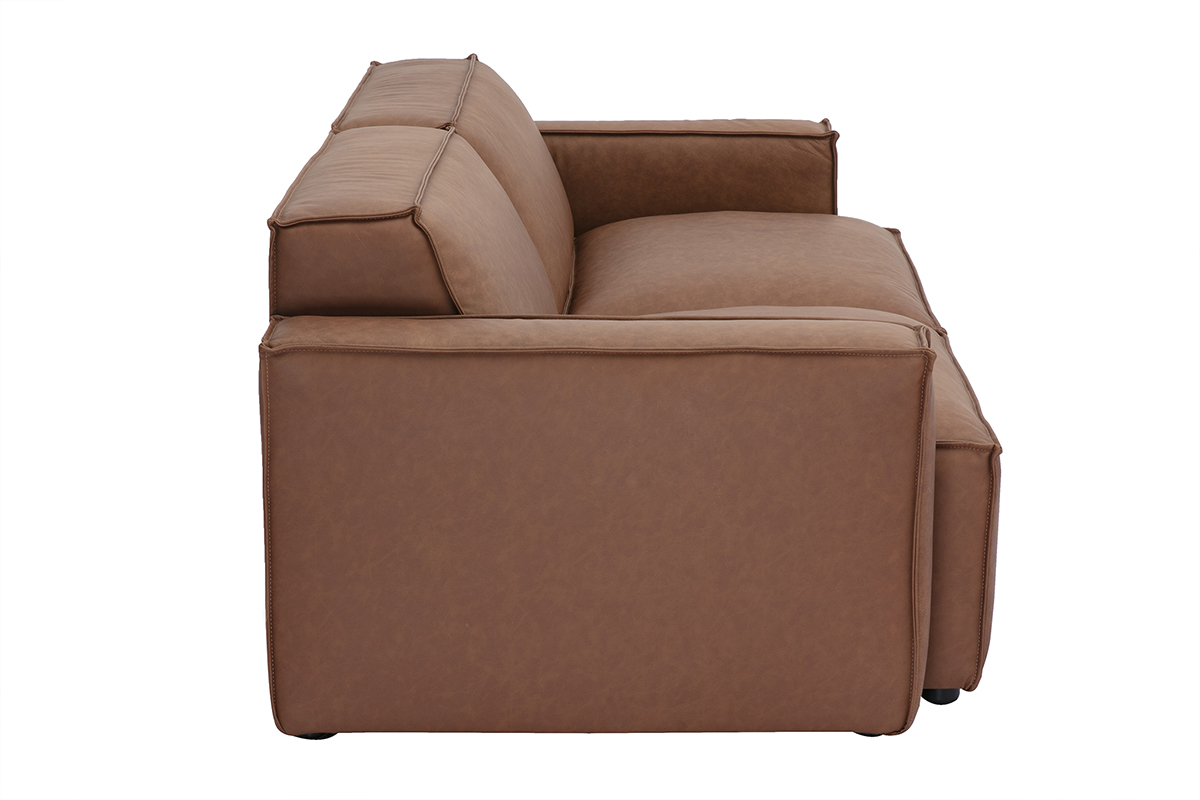 Canap� modulable vintage 2 places en cuir marron, vue de profil.