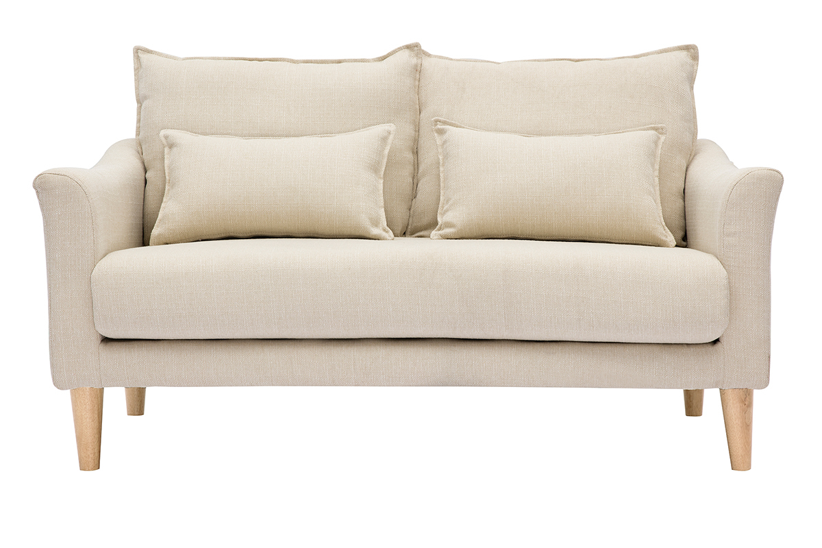 Canap� scandinave 2 places en tissu beige avec coussins, vue de face