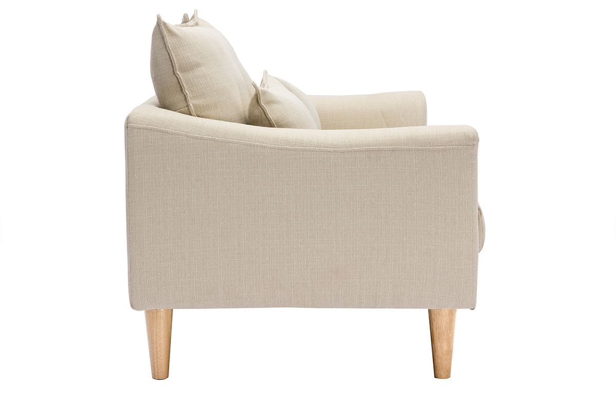 Canap� scandinave 2 places en tissu beige, vue de profil, avec accoudoirs �vas�s et pieds en bois clair.