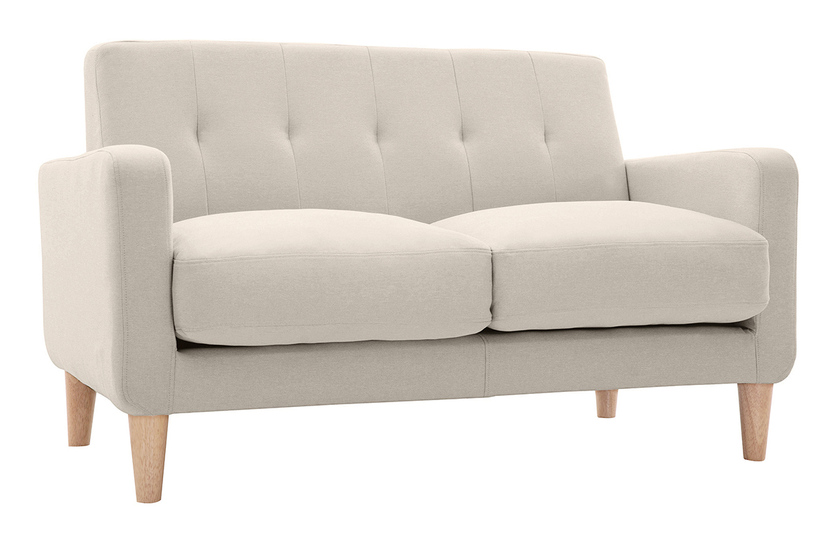 Canap� scandinave 2 places en tissu beige et bois clair LUNA
