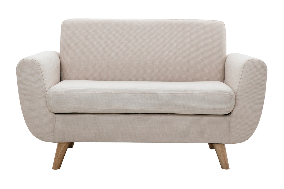 Canap� scandinave 2 places en tissu beige et bois clair, vue de face.