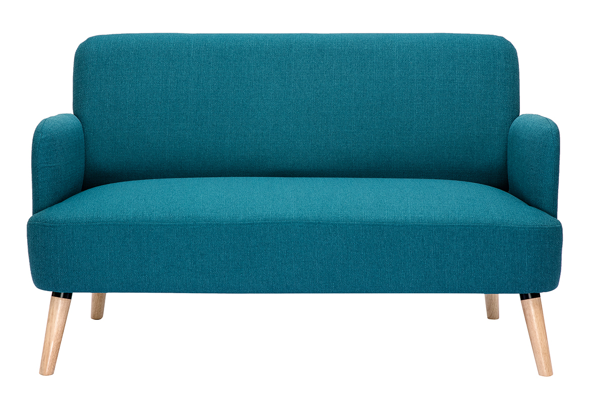 Canap� scandinave 2 places en tissu bleu canard et bois clair, vue de face
