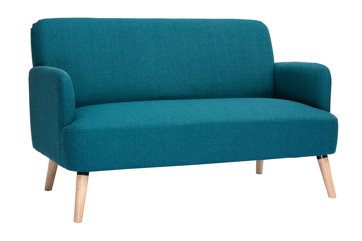 Canap� scandinave 2 places en tissu bleu canard et bois clair, angle 3/4
