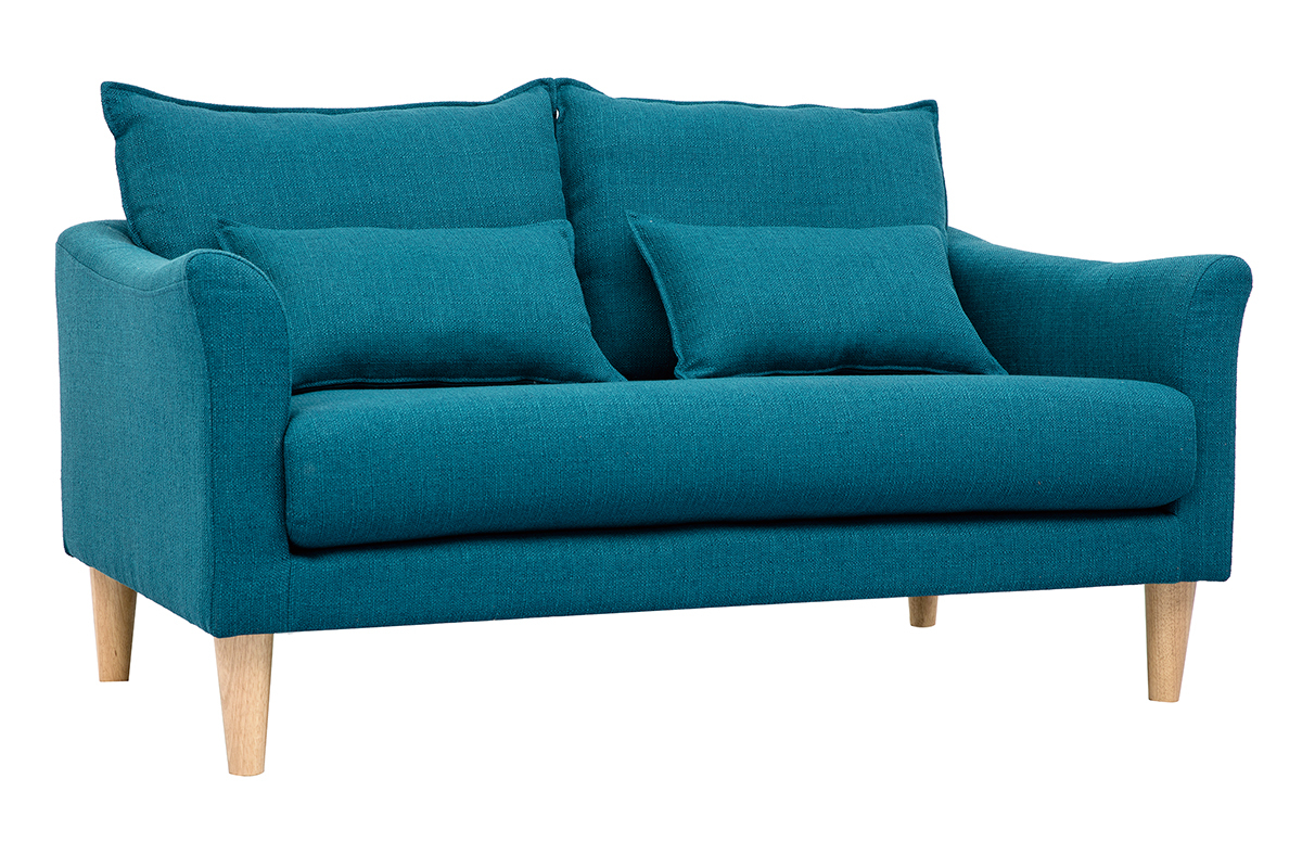 Canap� scandinave 2 places en tissu bleu canard et bois clair KATE