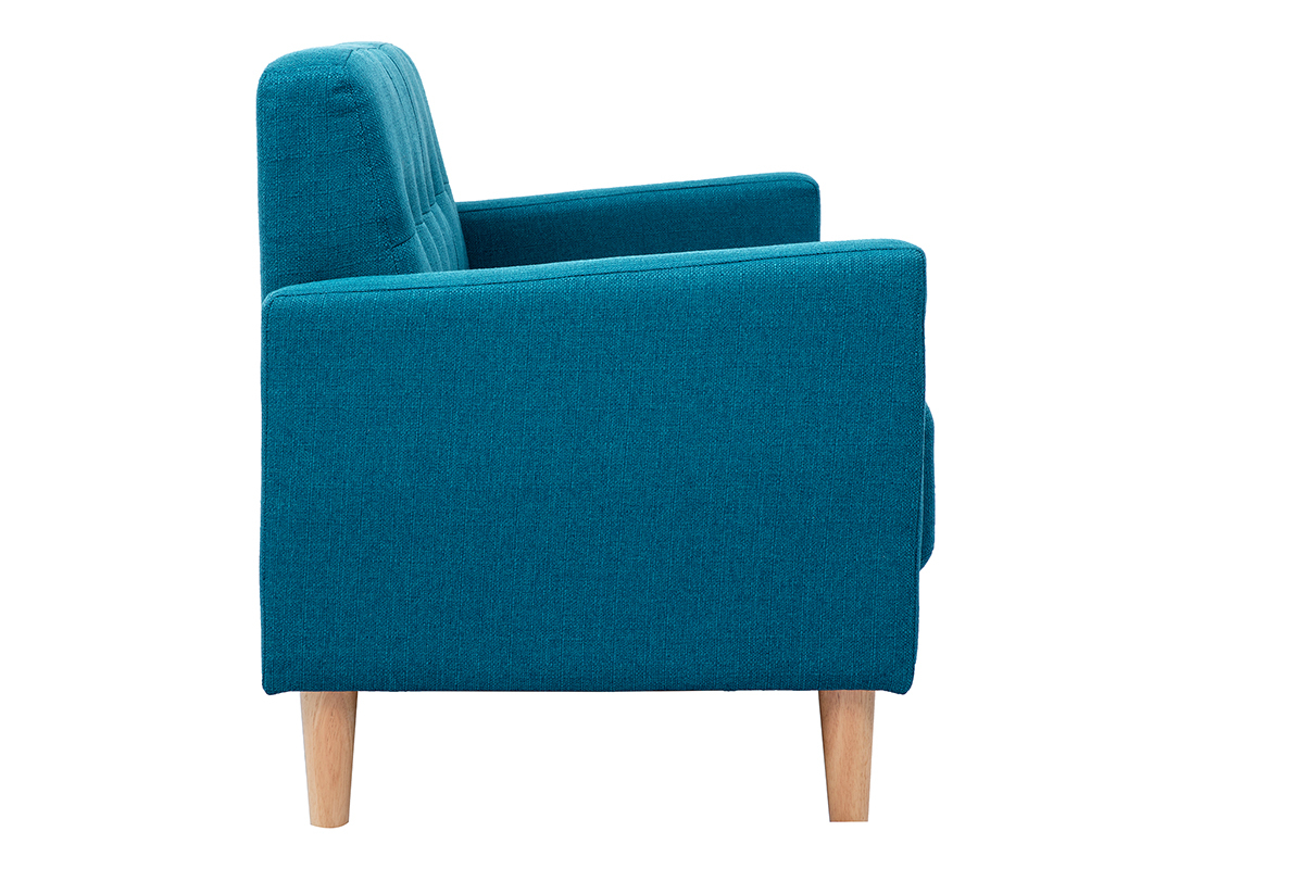 Canap� bleu canard 2 places, vue de profil, pieds en bois clair.