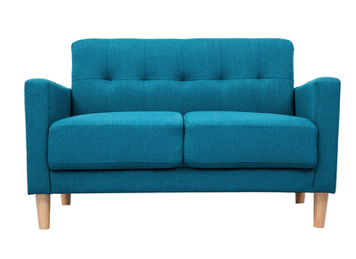 Canap&eacute; scandinave 2 places en tissu bleu canard et bois clair MOON
