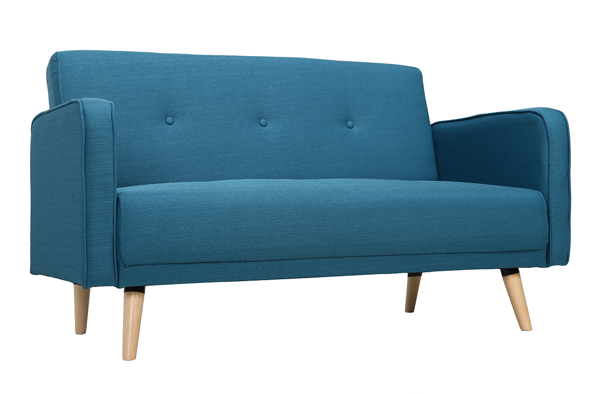 Canap� scandinave 2 places en tissu bleu canard et bois clair ULLA