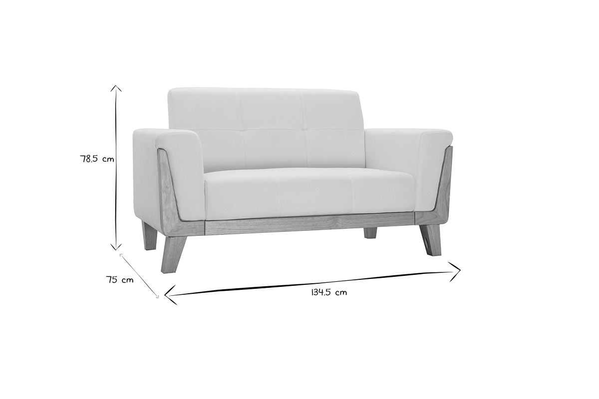 Canap� scandinave 2 places en tissu effet velours blanc cass� et bois clair FJORD