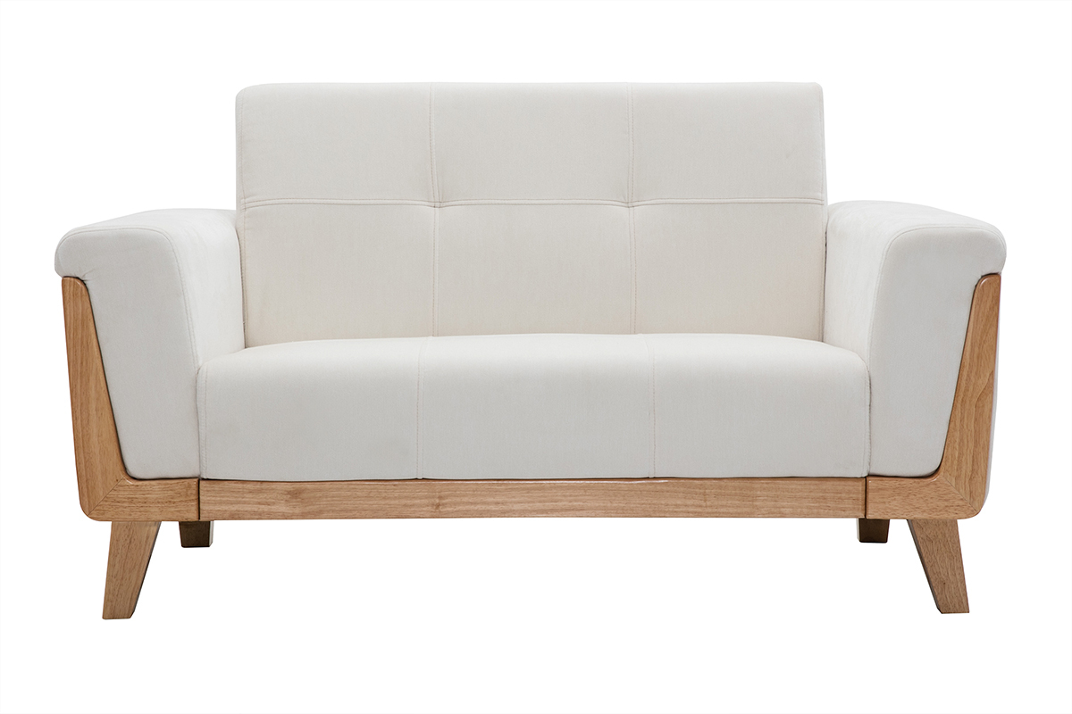 Canap� scandinave 2 places en tissu effet velours blanc cass� et bois clair FJORD