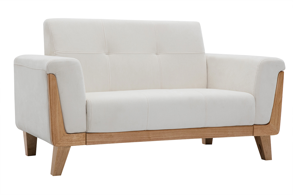 Canap� scandinave 2 places en tissu effet velours blanc cass� et bois clair FJORD