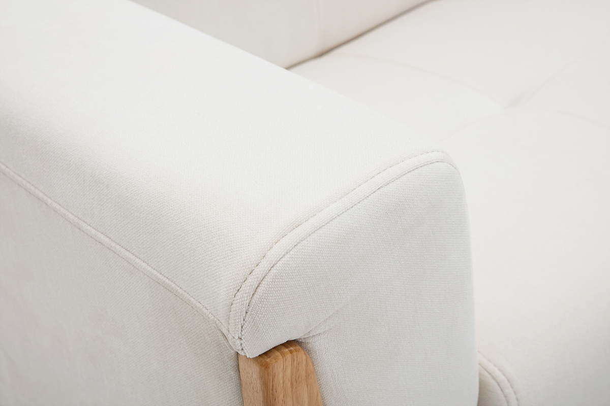 Canap� scandinave 2 places en tissu effet velours blanc cass� et bois clair FJORD