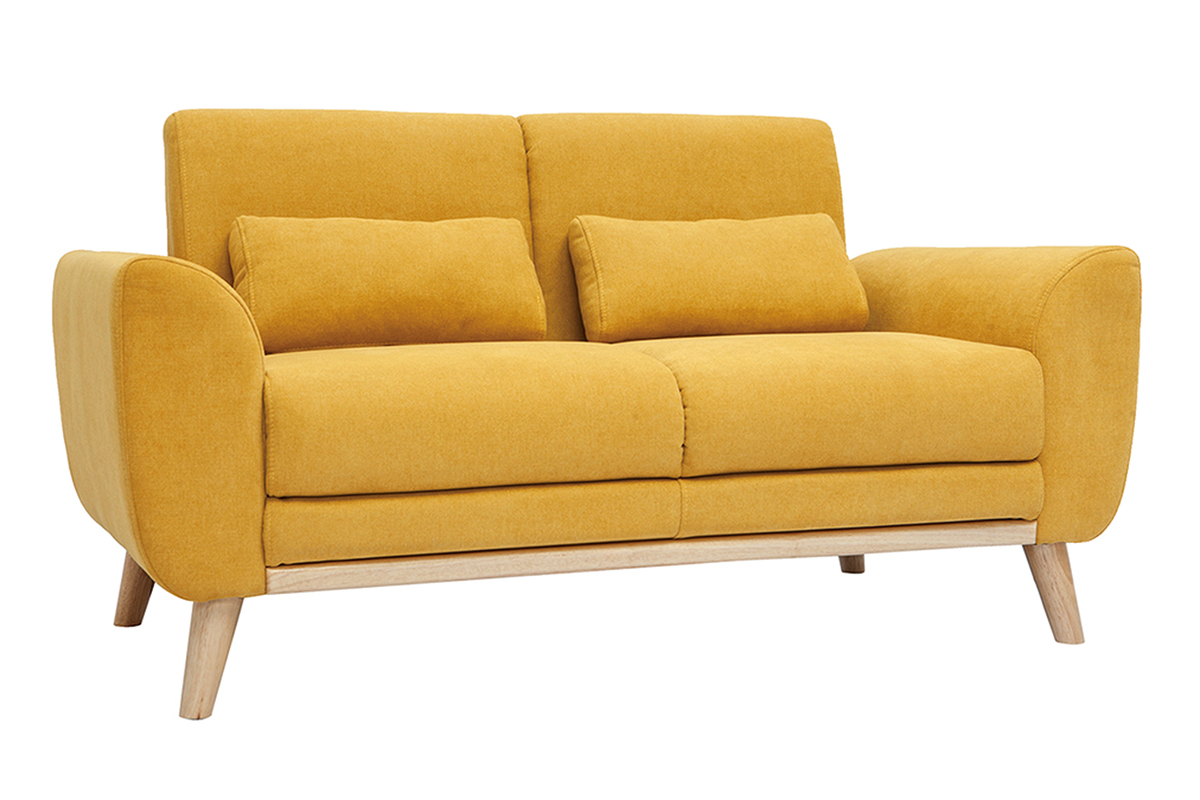 Canap� scandinave 2 places en tissu effet velours jaune moutarde et bois clair EKTOR
