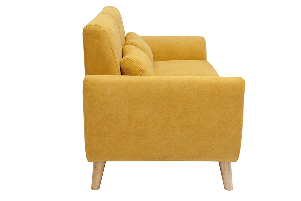 Canap� scandinave 2 places en tissu effet velours jaune moutarde et bois clair EKTOR