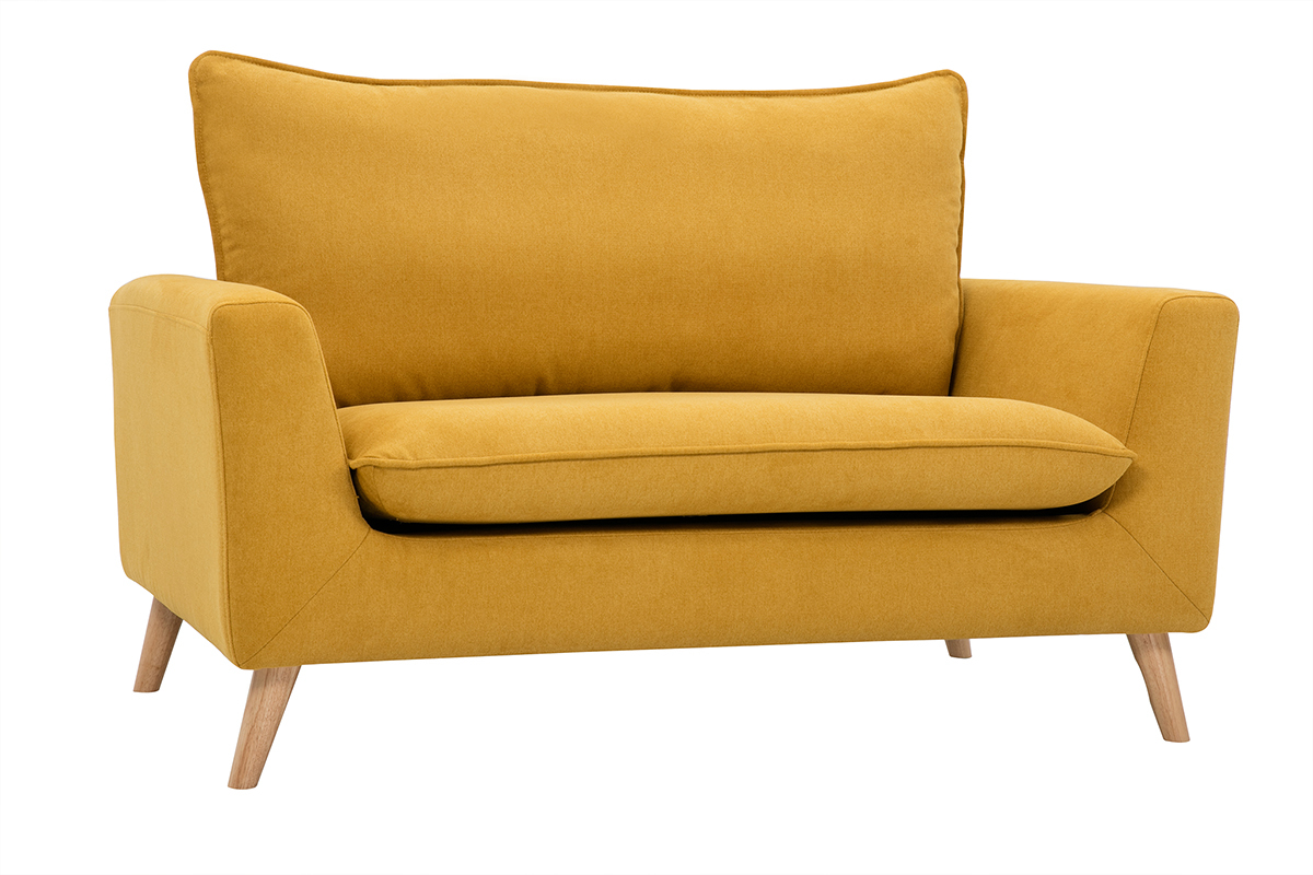 Canap� scandinave 2 places en tissu effet velours jaune moutarde et bois clair JONAS
