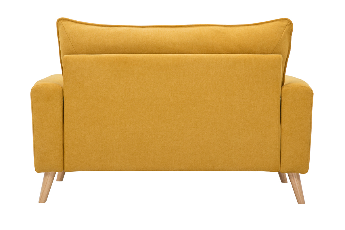 Canap� scandinave 2 places en tissu effet velours jaune moutarde et bois clair JONAS